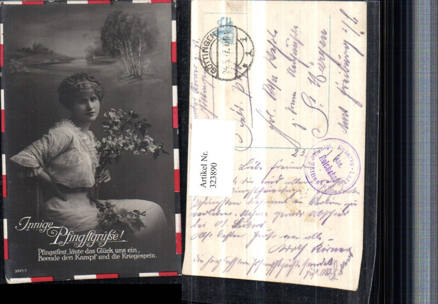 323890,Pfingsten Frau m. Kleid Blütenzweige Spruch