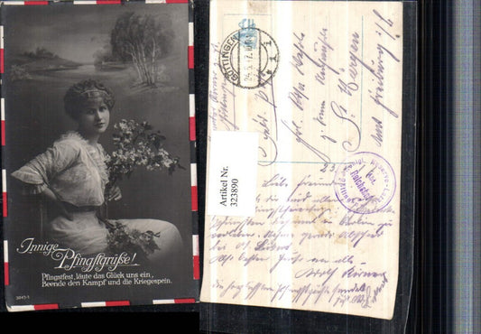 323890,Pfingsten Frau m. Kleid Blütenzweige Spruch