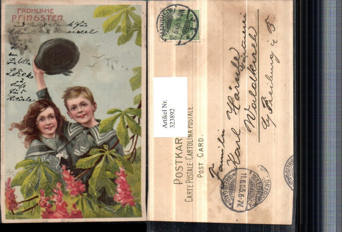 323892,Künstler AK Pfingsten Kinder Matrosenanzug Mütze Blüten Blätter