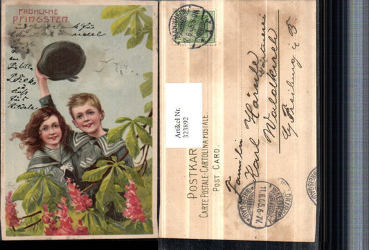 323892,Künstler AK Pfingsten Kinder Matrosenanzug Mütze Blüten Blätter