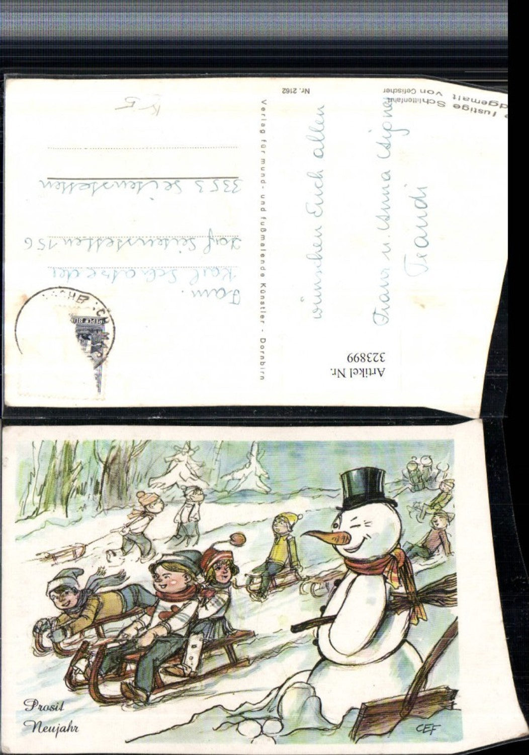 323899, Artist AK Mouth-painted Cefischer New Year Snowman Children Sled Toboggan