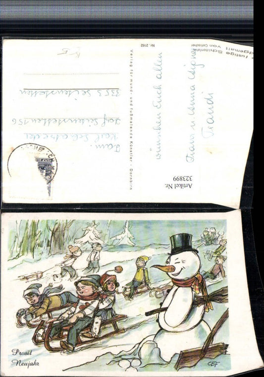 323899, Artist AK Mouth-painted Cefischer New Year Snowman Children Sled Toboggan
