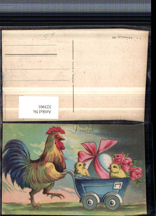 323901,Künstler AK Ostern Hahn Wagen Küken Ei Schleife Rosen