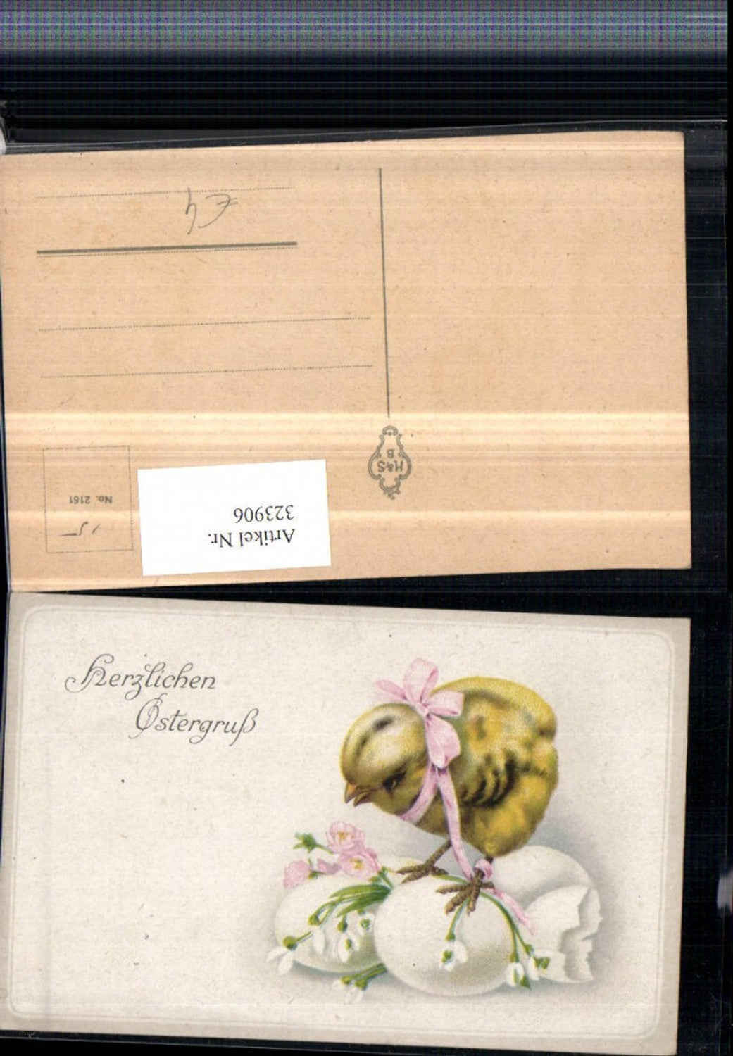 323906,Künstler AK Ostern Küken Schleife Eier Blumen
