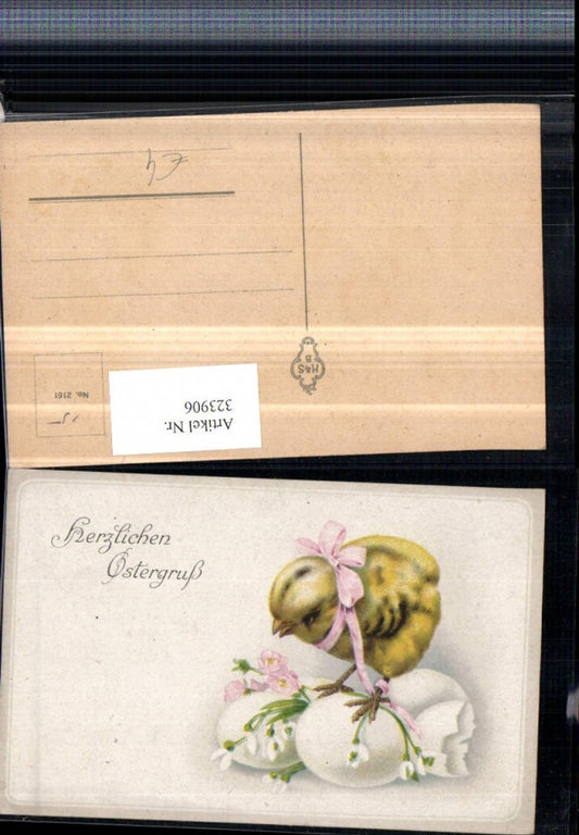 323906,Künstler AK Ostern Küken Schleife Eier Blumen