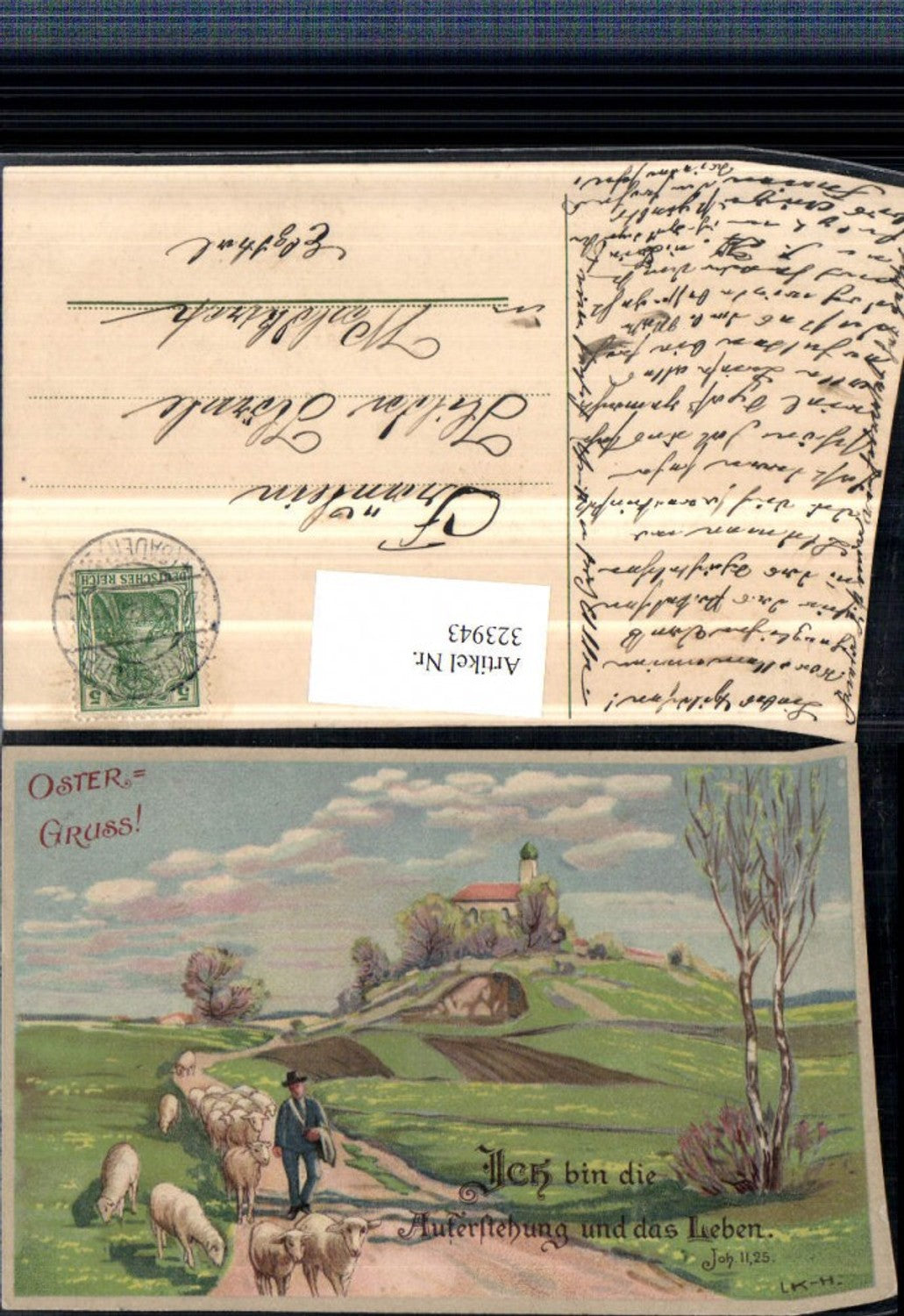 323943, Artist AK Easter Landscape Shepherd Sheep Church Bible Saying