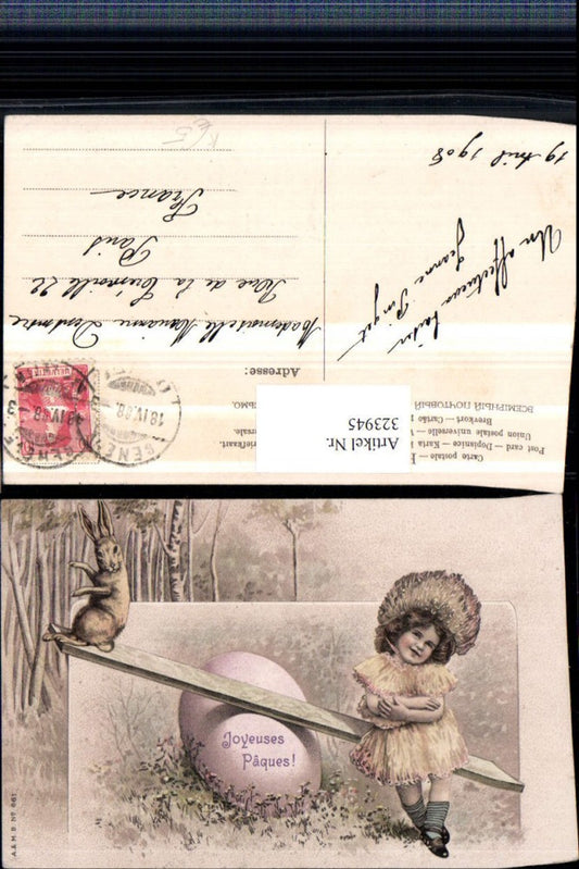 323945, Artist AK Easter Child Girl with Hat Rabbit Seesaw Easter Egg Egg