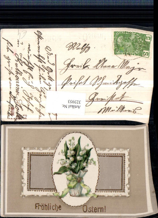 323953, embossed artist postcard with gold decoration, Easter, lily of the valley, ribbon