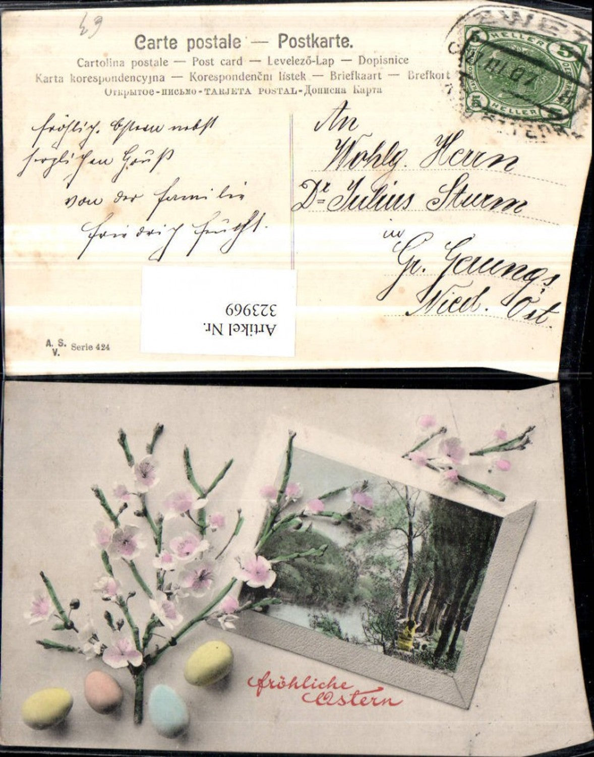 323969,Künstler AK Ostern Landschaft Passepartout Blütenzweige Ostereier