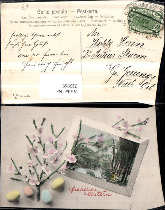 323969,Künstler AK Ostern Landschaft Passepartout Blütenzweige Ostereier