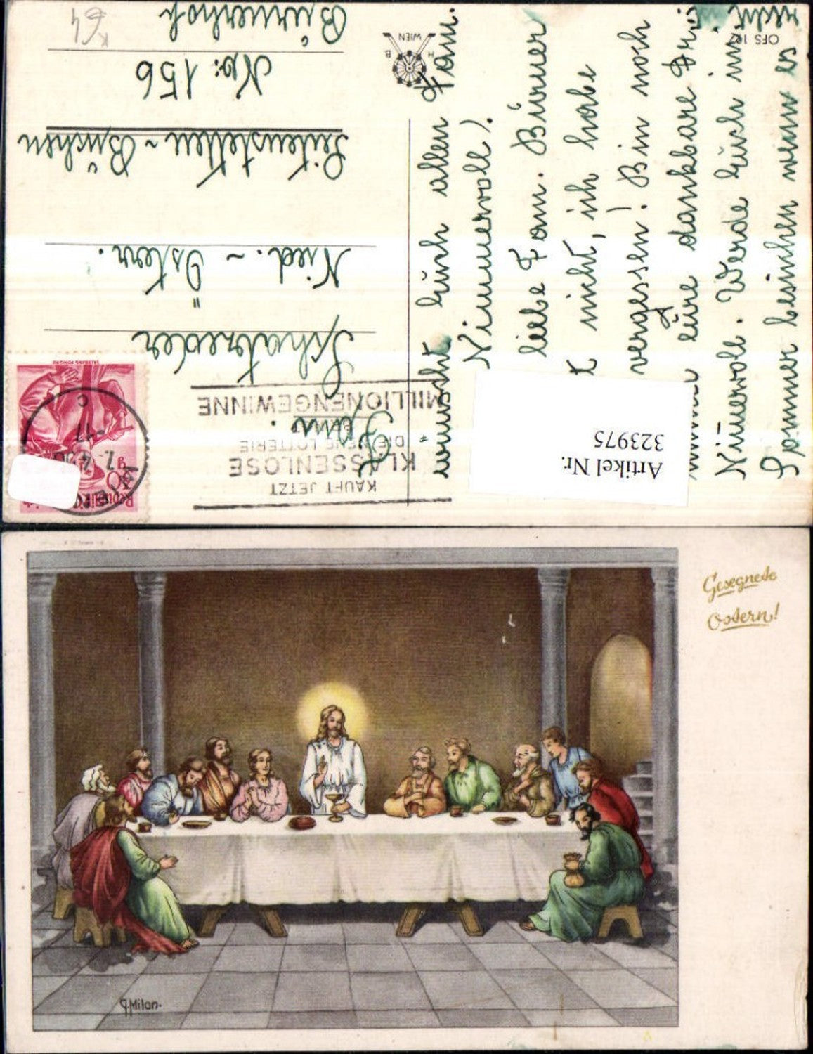 323975,Künstler AK G. Milan Ostern Religion Letztes Abendmahl Jesus m. Aposteln