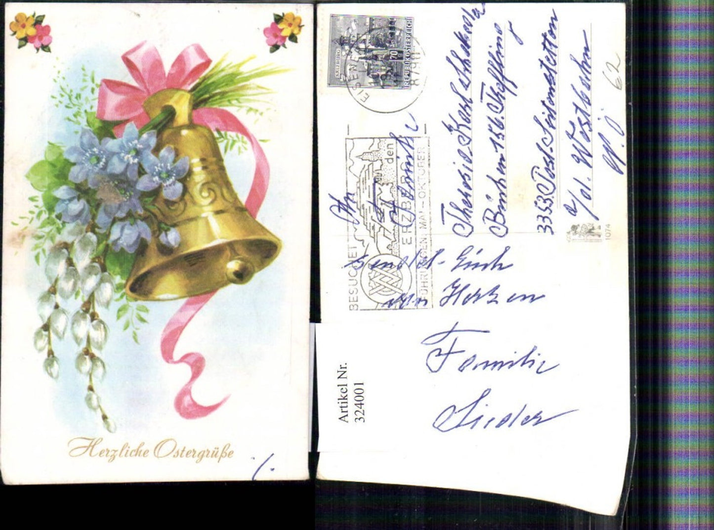 324001,Künstler AK Ostern Glocke Schleife Blumen Palmkätzchen