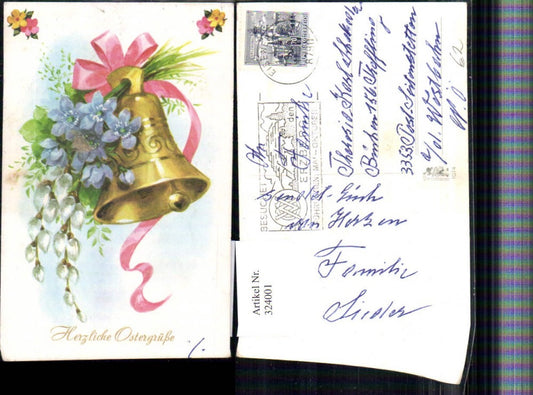 324001,Künstler AK Ostern Glocke Schleife Blumen Palmkätzchen