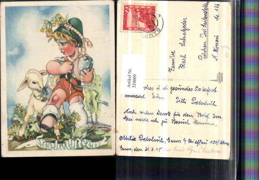324009, Artist AK Easter Child Boy with Hat Key to Heaven Easter Egg Lamb Sheep