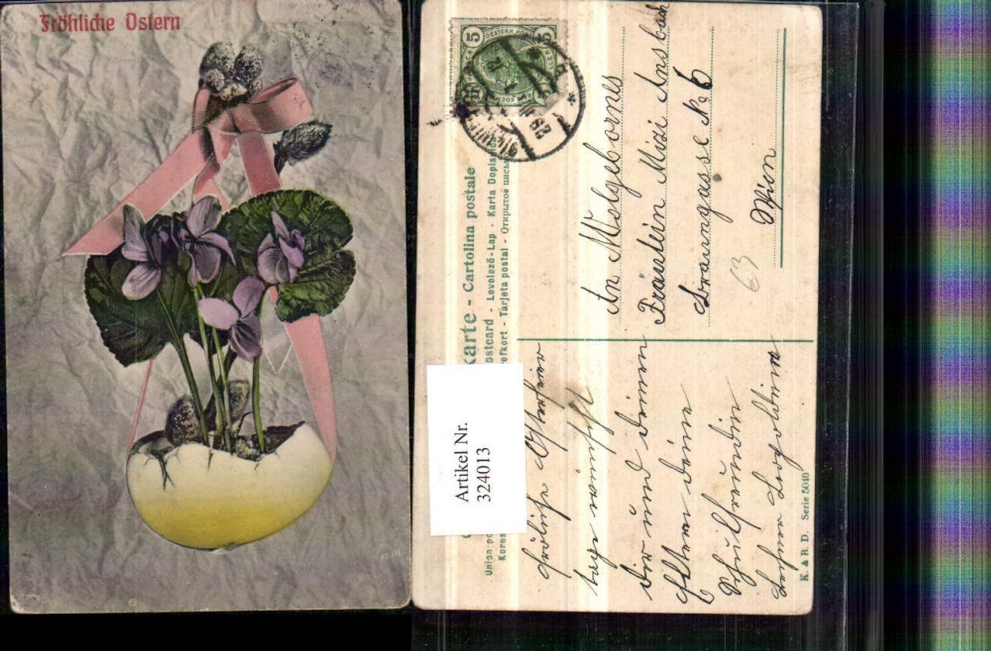 324013, Artist AK Easter Eggshell Ribbon Flowers Violet Pussy willow