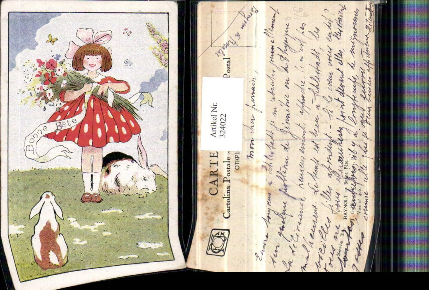 324022, Artist AK Raynolt Easter Girl with Dress Bow Bouquet of Flowers Rabbits