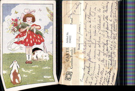 324022, Artist AK Raynolt Easter Girl with Dress Bow Bouquet of Flowers Rabbits