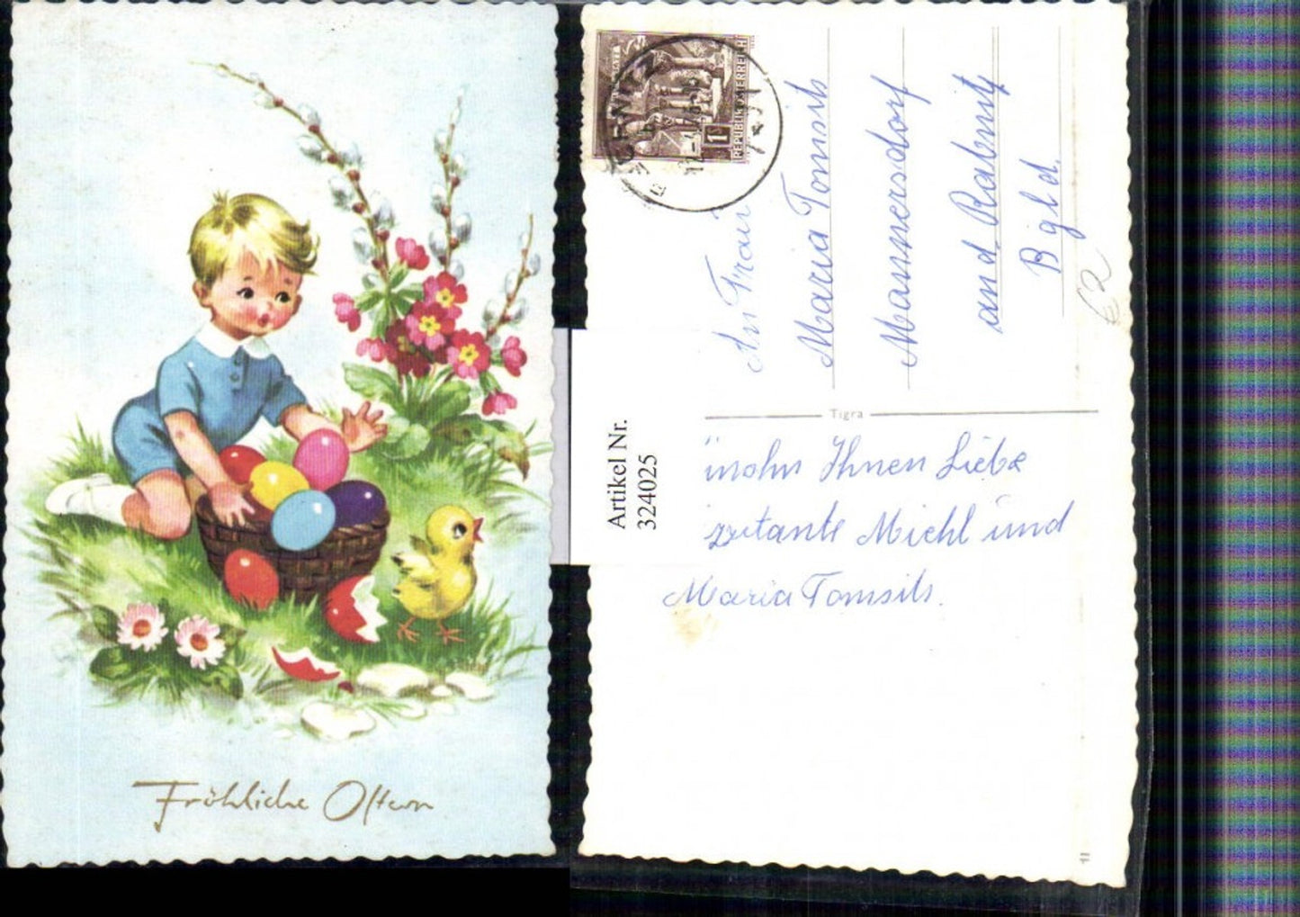 324025, Artist AK Easter Child Boy Basket Easter Eggs Eggs Chicks Flowers Pussy Willows