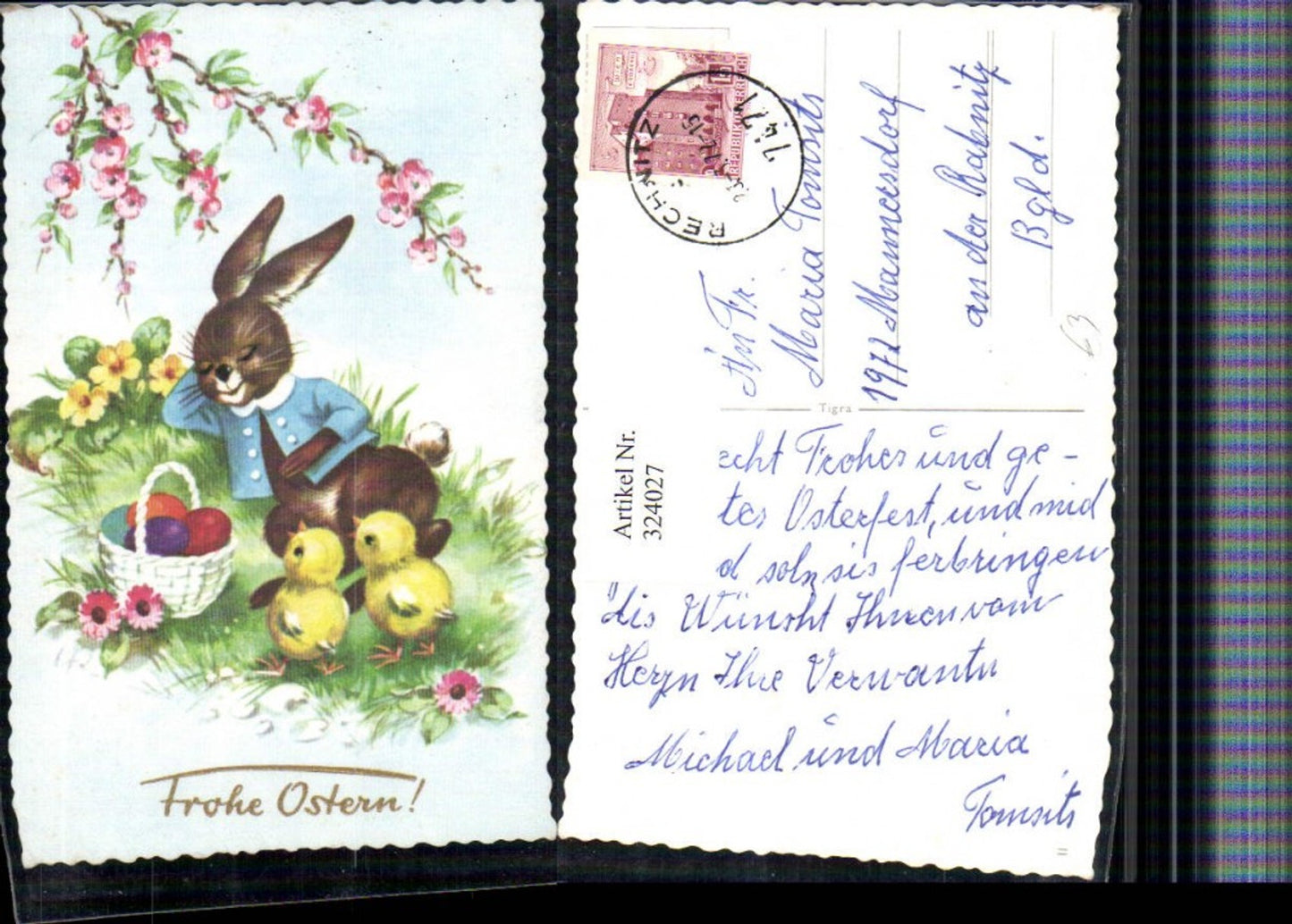324027, Artist AK Easter Easter bunny Rabbit sleeping chick Easter eggs basket flowers