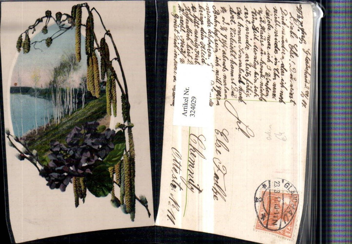324029, Artist AK Easter Landscape Hazelnut Pussy Willows Violets