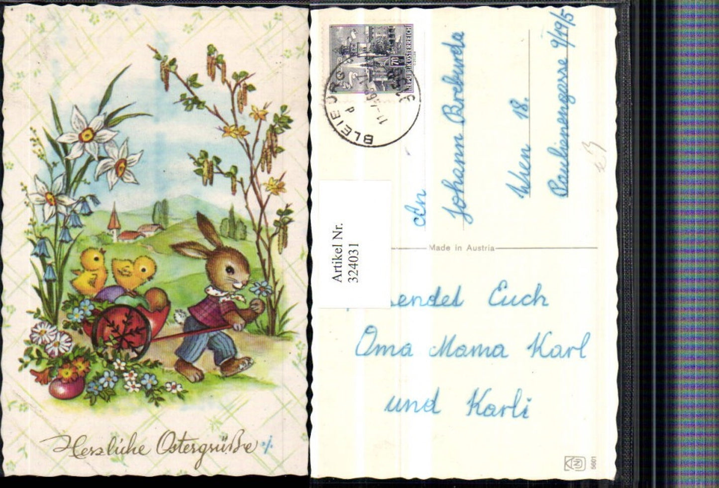 324031, Artist AK Easter Landscape Hare anthropomorphized Egg cart Chicks Flowers