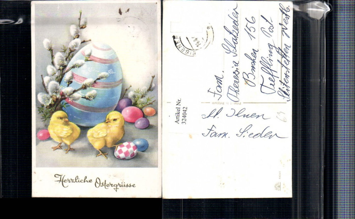 324042,Künstler AK Ostern Ostereier Eier Küken Palmkätzchen