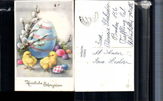 324042,Künstler AK Ostern Ostereier Eier Küken Palmkätzchen