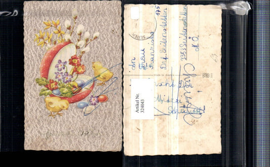 324043,Künstler AK Ostern Eierschale Blumen Küken Palmkätzchen