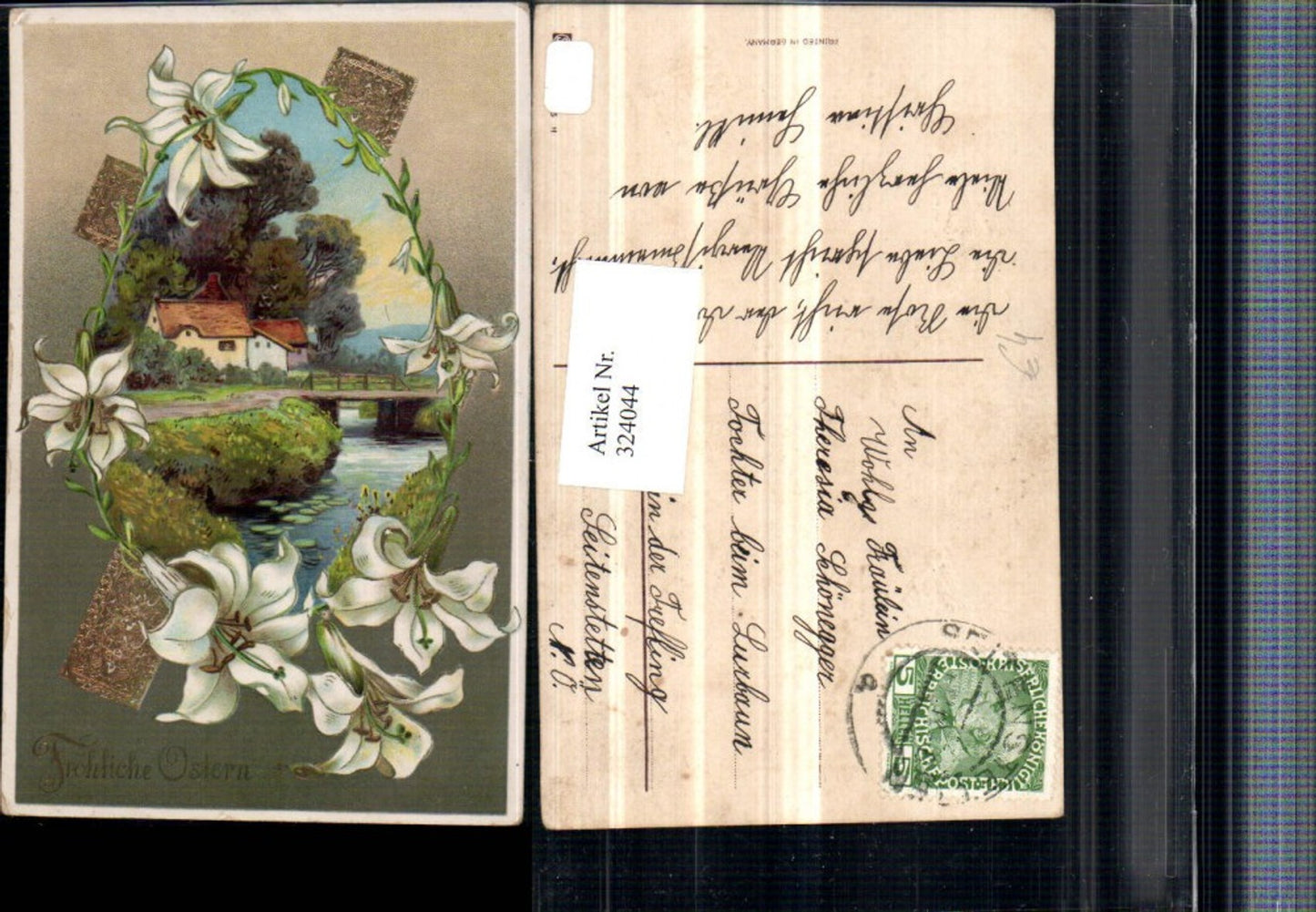 324044,Künstler AK Goldverzierung Ostern Landschaft Brücke Passepartout Lilien