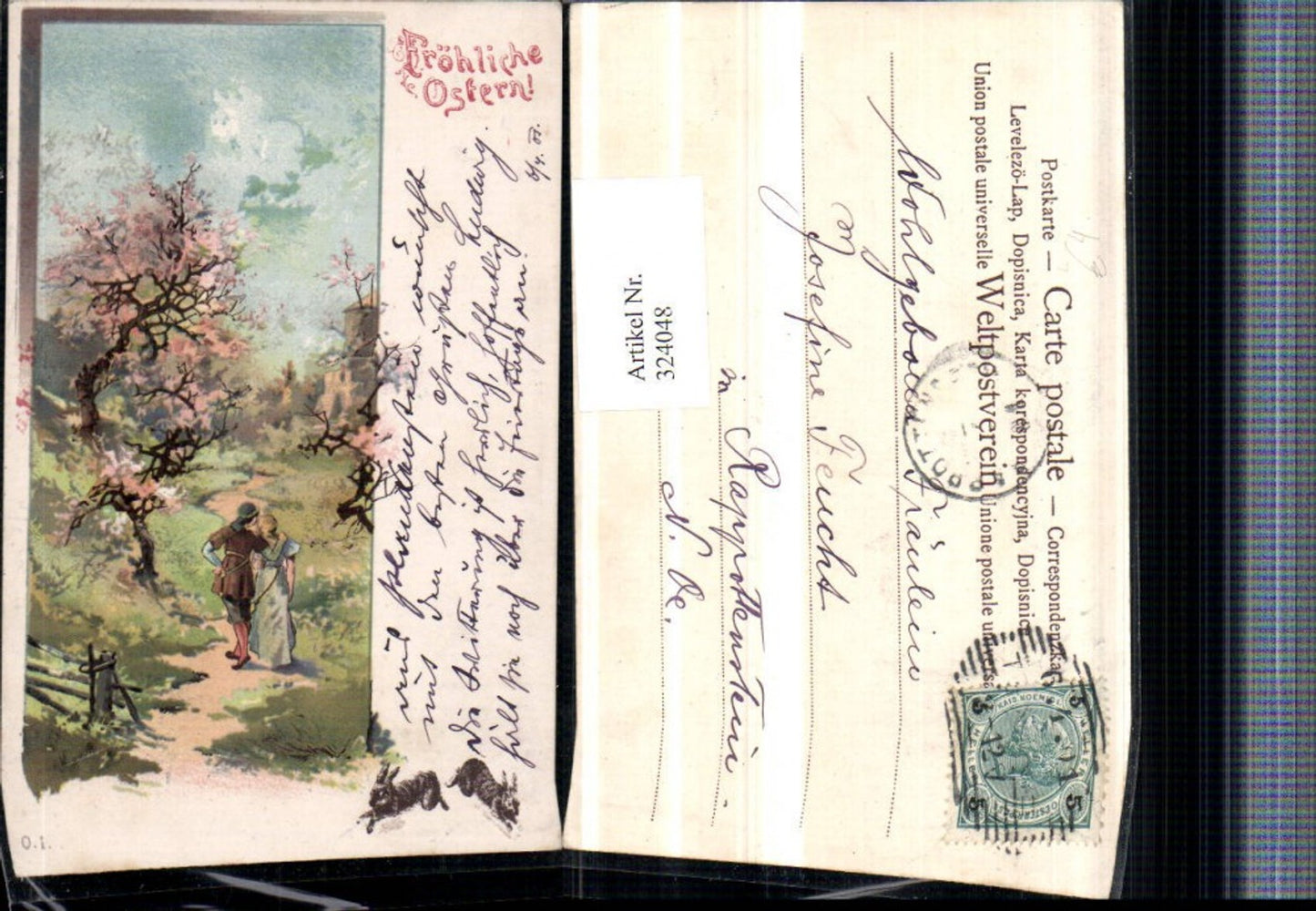 324048,Künstler Litho Ostern Landschaft Baumblüte Liebe Paar Hasen