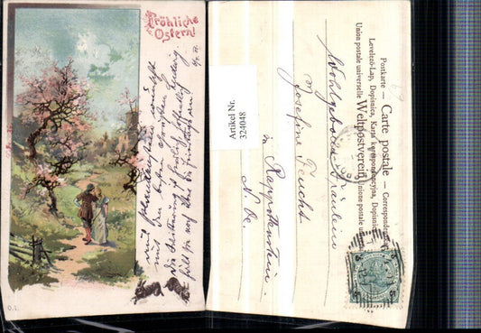 324048,Künstler Litho Ostern Landschaft Baumblüte Liebe Paar Hasen
