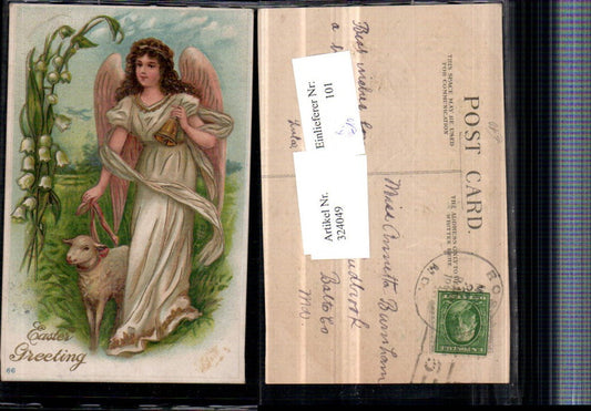324049,Präge Künstler Litho Ostern Engel m. Glocke Lamm Schaf Maiglöckchen