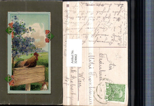 324062,Künstler Litho Goldverzierung Ostern Hahn Blumenbaum Passepartout