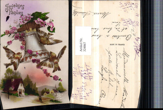 324067,Künstler AK Ostern Landschaft Glocke Vögel Blumen