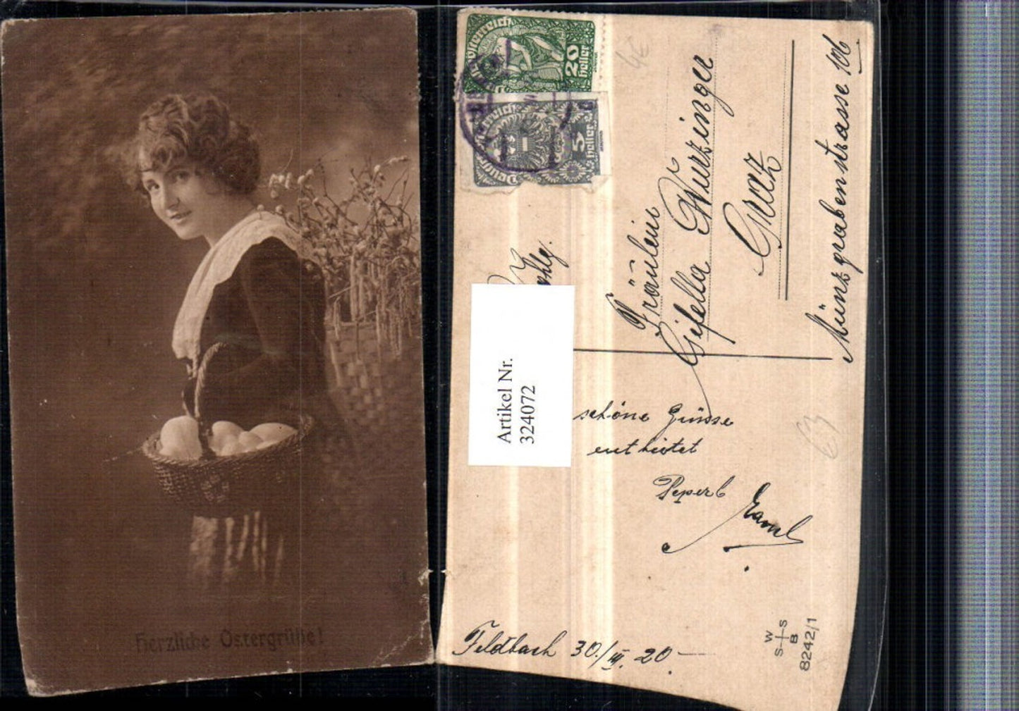 324072,Ostern Frau m. Rückenkorb Korb Palmkätzchen Ostereier Eier