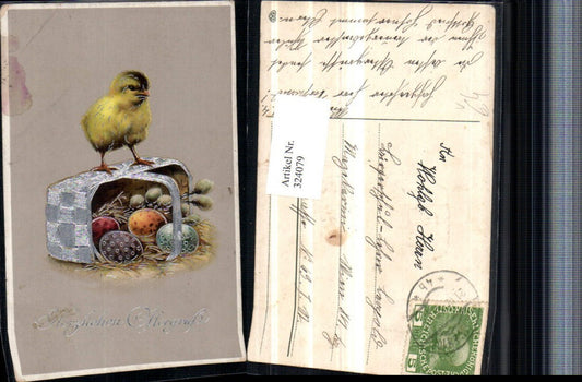 324079,Präge Künstler AK Silberverzierung Ostern Küken Korb Ostereier Palmkätzchen
