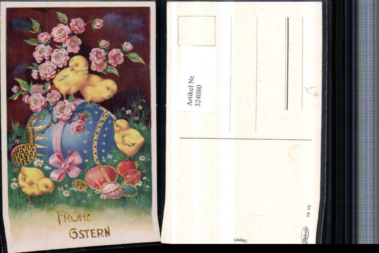 324080, embossed artist postcard with gold decoration, Easter chicks, Easter eggs, flowering branch