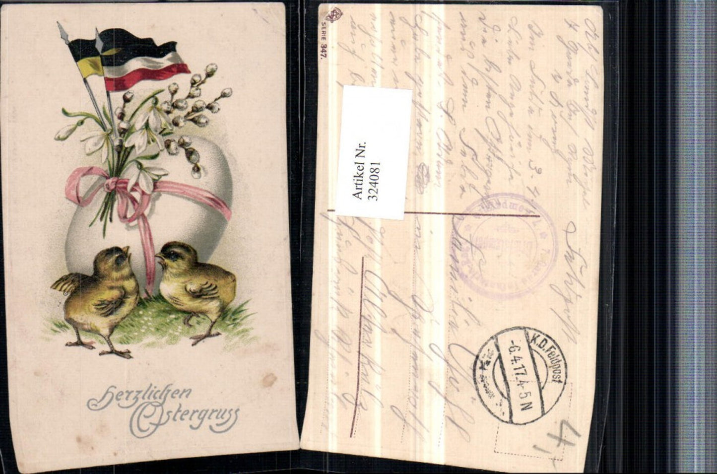 324081, embossing artist postcard Easter Easter egg chick ribbon snowdrop flags
