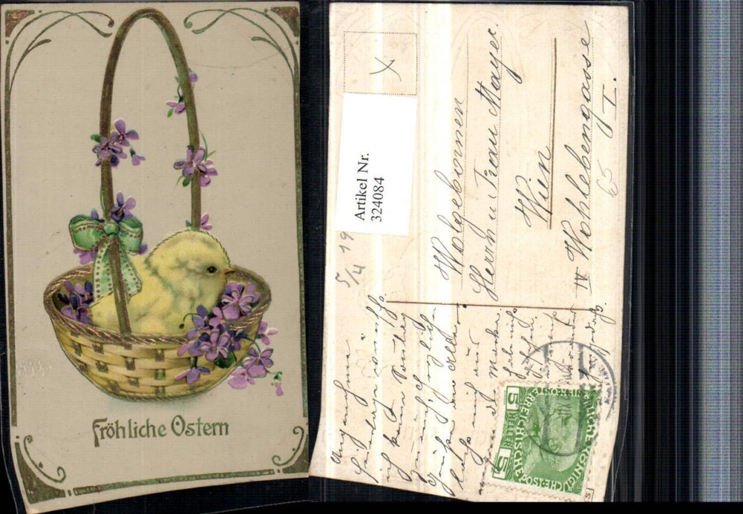 324084, embossed artist postcard with gold trim, Easter chicks, basket, violets, flowers, and ribbon