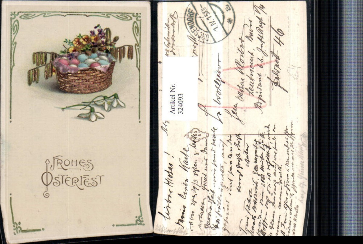 324093, embossed artist postcard with gold decoration, Easter basket, Easter eggs, flowers