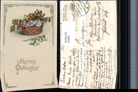 324093, embossed artist postcard with gold decoration, Easter basket, Easter eggs, flowers