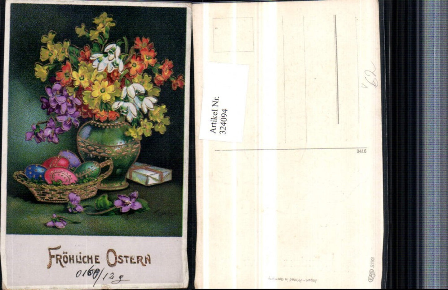 324094, embossed artist postcard with gold trim, Easter bouquet, flowers, vase, Easter eggs, pub EAS 5792