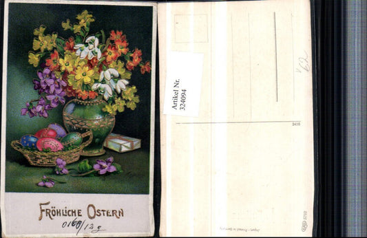 324094, embossed artist postcard with gold trim, Easter bouquet, flowers, vase, Easter eggs, pub EAS 5792