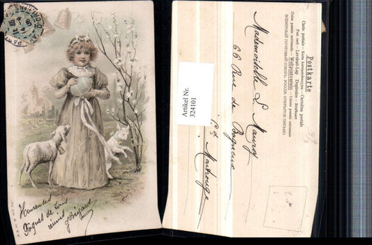 324101, Artist AK Easter Child Girl with Dress Easter Egg Lambs Sheep Bells