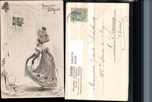 324109, Artist AK Easter Woman with Hat Dress Chick Bell Basket Umbrella