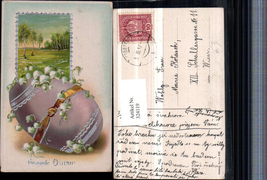 324119, embossed artist postcard, silver decoration, Easter landscape, Easter egg, lily of the valley