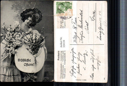 324124,Ostern Frau m. Hut Kleid Blütenzweige Palmkätzchen Ei