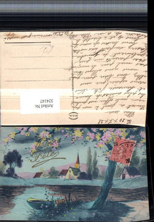 324147, Artist AK Landscape Church Lake Rowboat Boat Tree Blossom