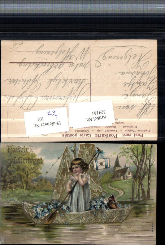 324161, Embosser Artist Lithograph Congratulations Girl Sailboat Boat Flowers Letter Church