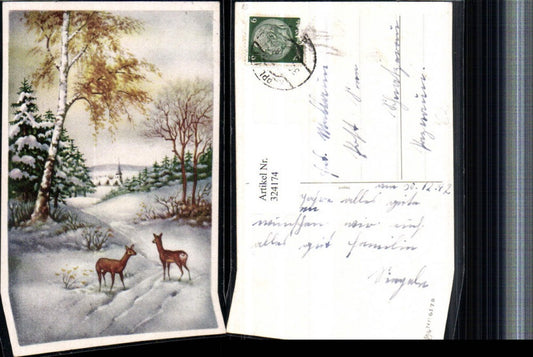 324174,Künstler AK Winterlandschaft Dorf Wald Birke Rehe pub Erika 6178